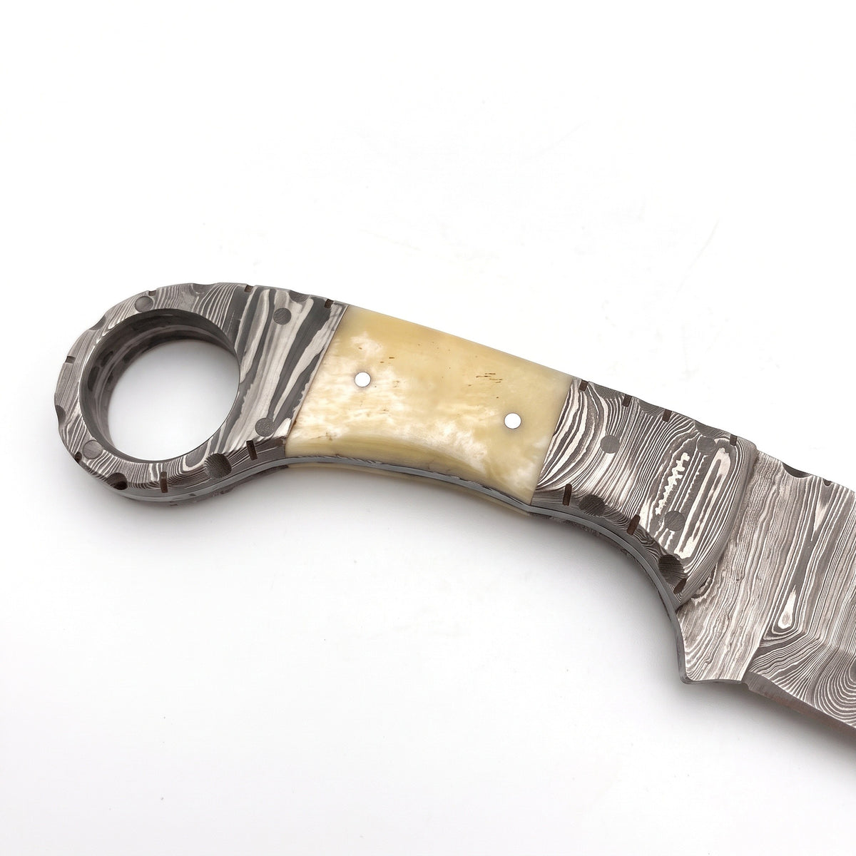Trailhead 7.5" Damascus Skinning Knife | Bone, handle and fittings close-up