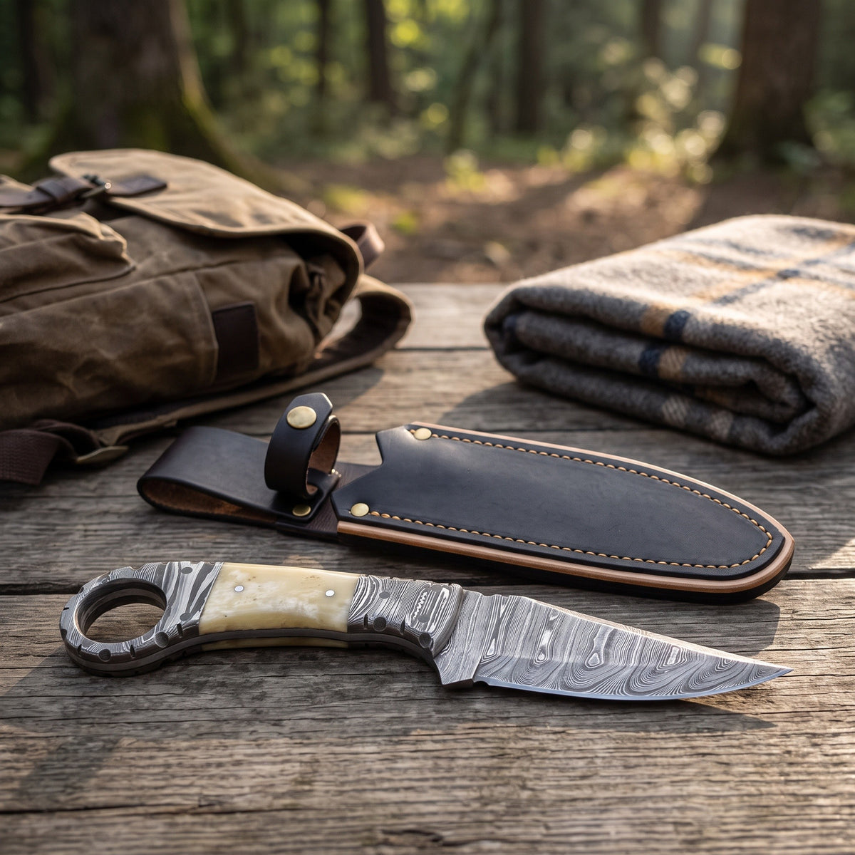 Trailhead 7.5" Damascus Skinning Knife | Bone, with the Crownridge sheath in use