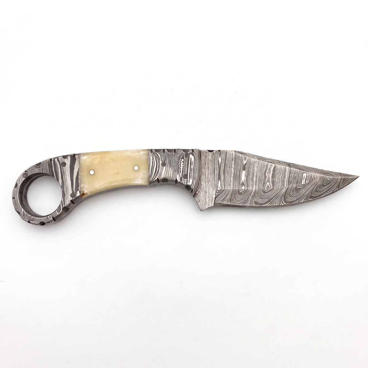 Trailhead 7.5" Damascus Skinning Knife | Bone, side profile on white
