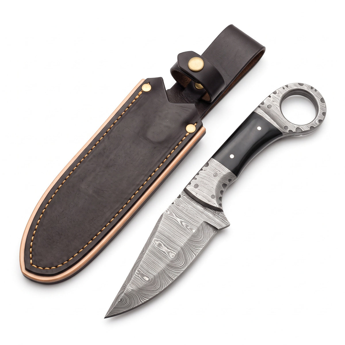 Trailhead 7.5" Damascus Skinning Knife | Buffalo Horn, three-quarter view with the Crownridge sheath