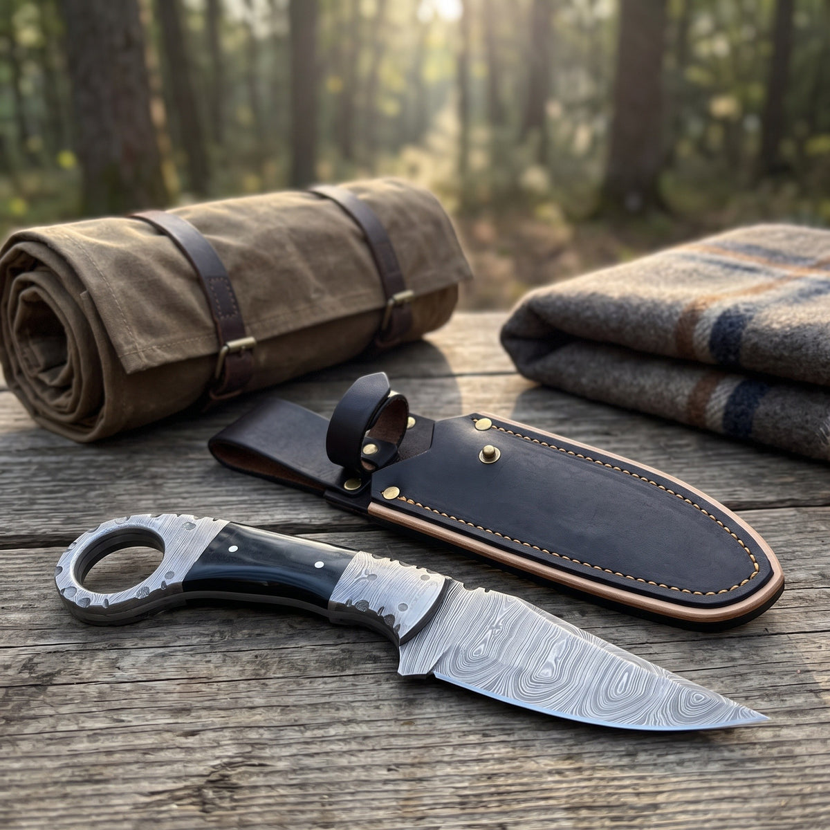 Trailhead 7.5" Damascus Skinning Knife | Buffalo Horn, with the Crownridge sheath in use