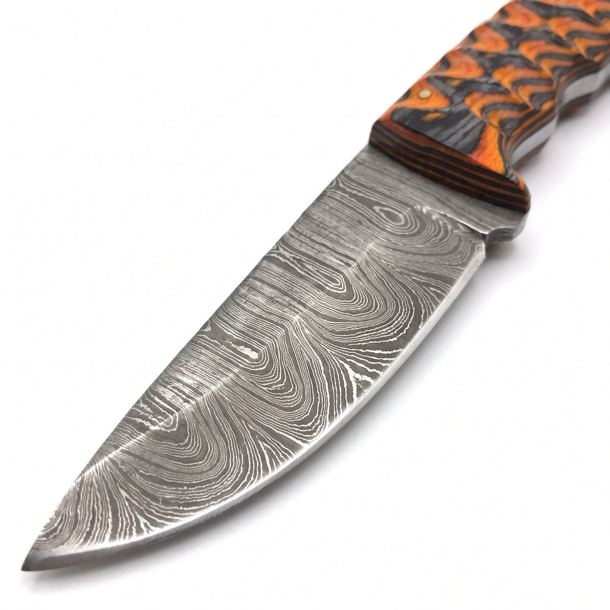 Trailhead 7.5" Damascus Skinning Knife | Hardwood, Damascus blade close-up