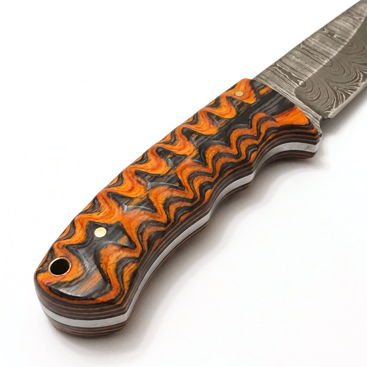 Trailhead 7.5" Damascus Skinning Knife | Hardwood, handle and fittings close-up