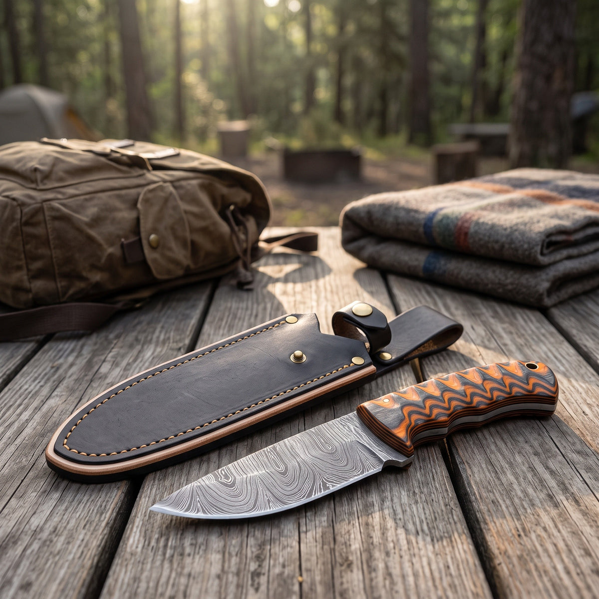 Trailhead 7.5" Damascus Skinning Knife | Hardwood, with the Crownridge sheath in use