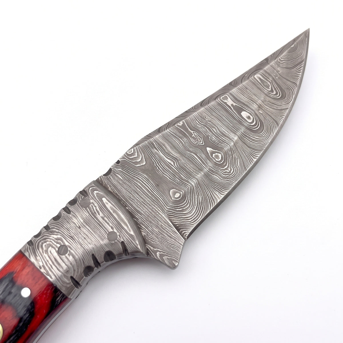 Trailhead 7.5" Damascus Skinning Knife | Red Dyed Wood, Damascus blade close-up