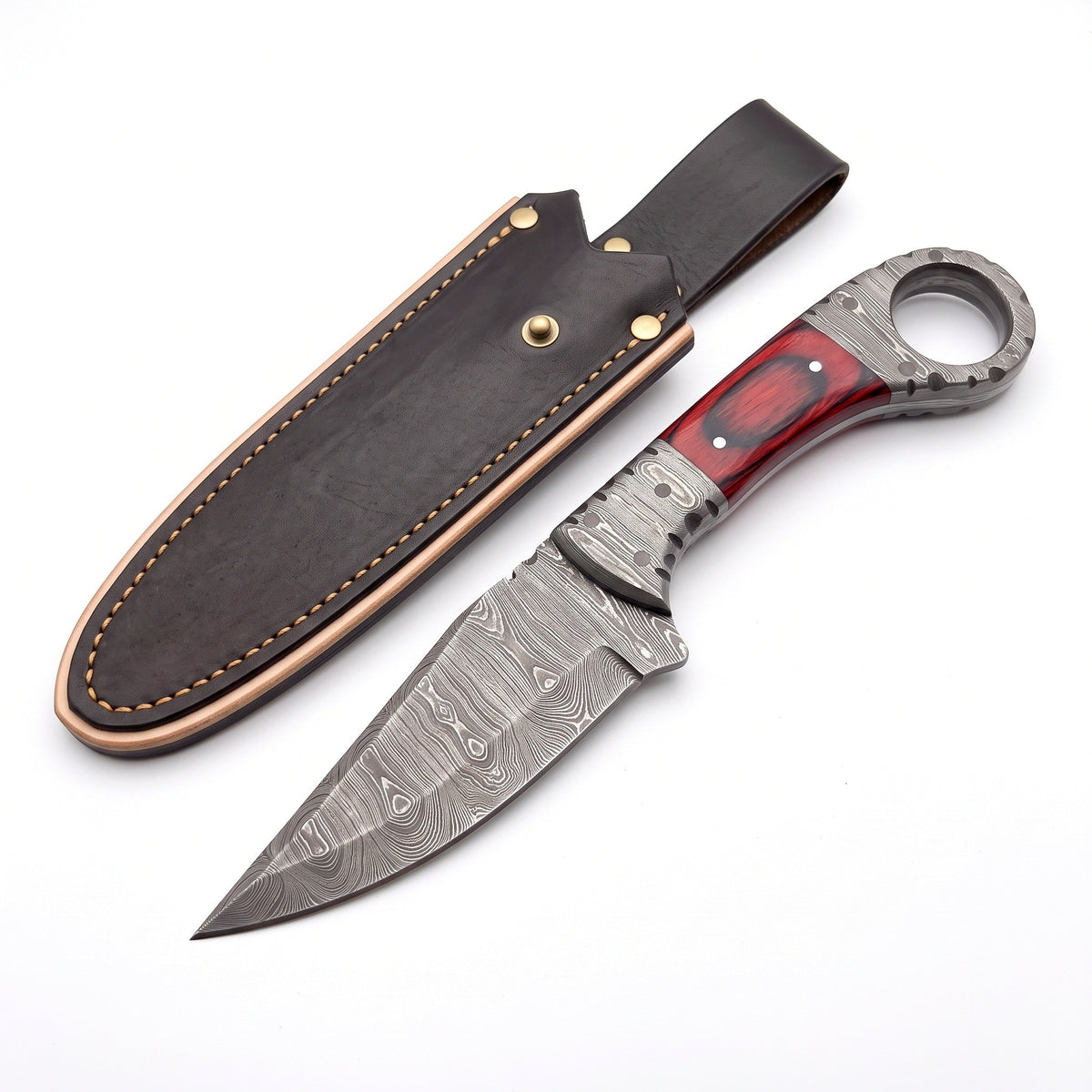Trailhead 7.5" Damascus Skinning Knife | Red Dyed Wood, three-quarter view with the Crownridge sheath