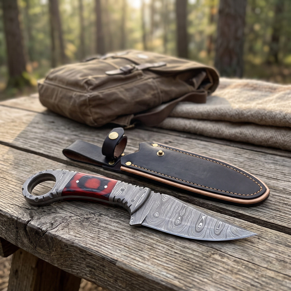 Trailhead 7.5" Damascus Skinning Knife | Red Dyed Wood, with the Crownridge sheath in use