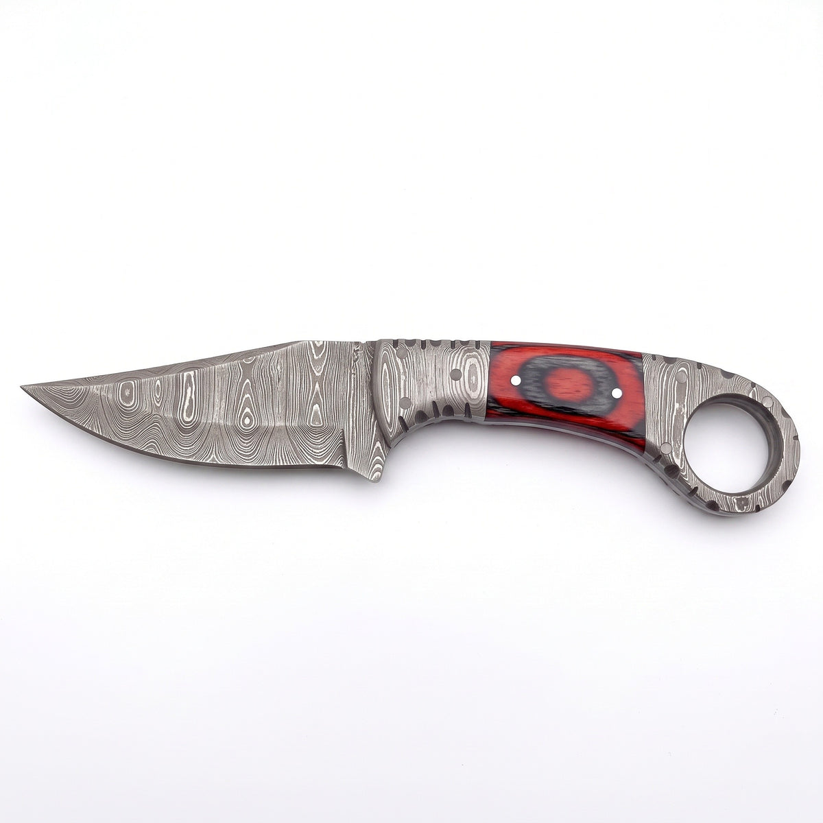 Trailhead 7.5" Damascus Skinning Knife | Red Dyed Wood, side profile on white