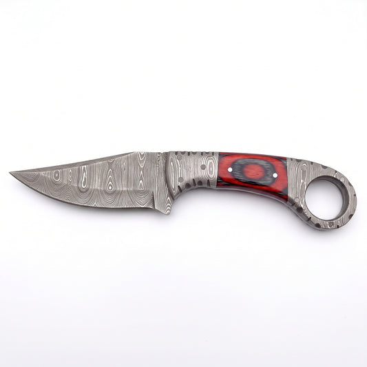 Trailhead 7.5" Damascus Skinning Knife | Red Dyed Wood, side profile on white