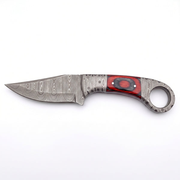 Trailhead 7.5" Damascus Skinning Knife | Red Dyed Wood, side profile on white