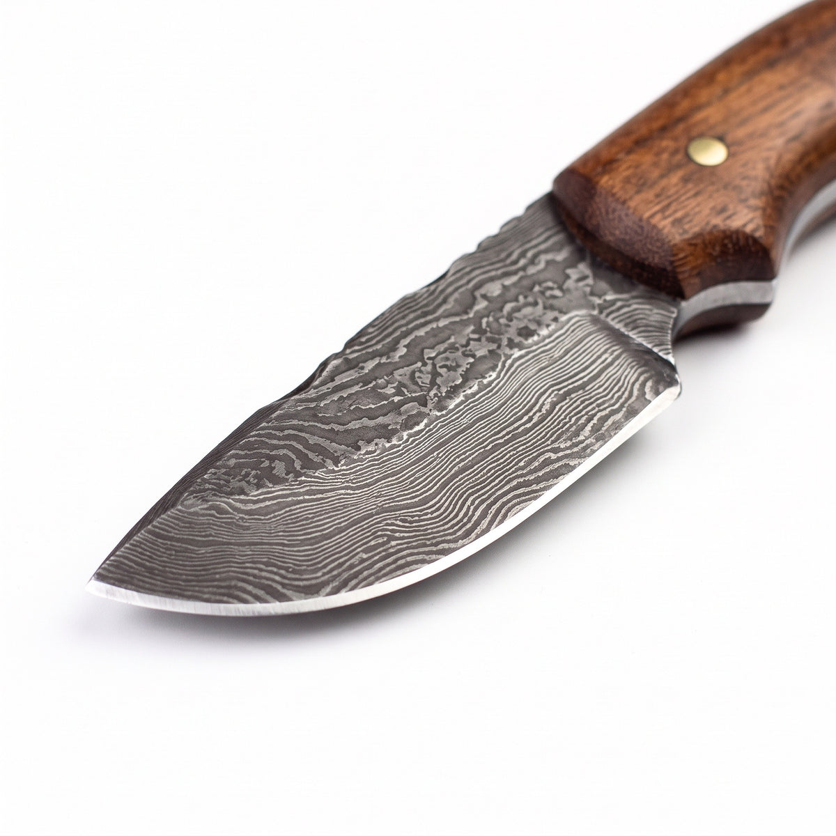 Trailhead 7.5" Damascus Skinning Knife | Walnut, Damascus blade close-up