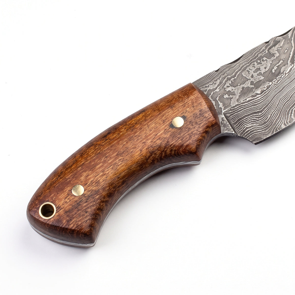 Trailhead 7.5" Damascus Skinning Knife | Walnut, handle and fittings close-up