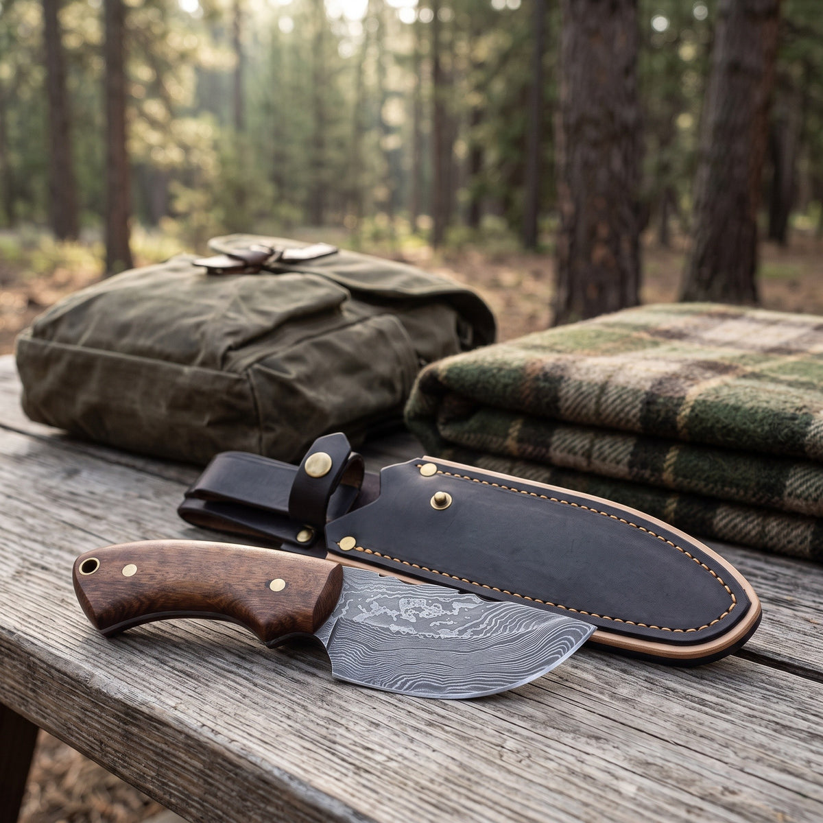 Trailhead 7.5" Damascus Skinning Knife | Walnut, with the Crownridge sheath in use
