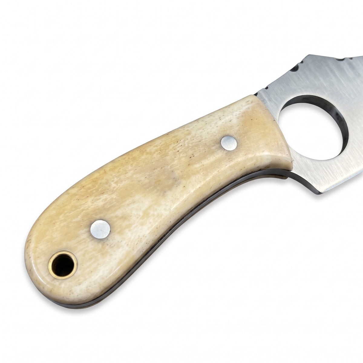 Trailhead 7" Carbon Steel Skinning Knife | Bone, handle and fittings close-up