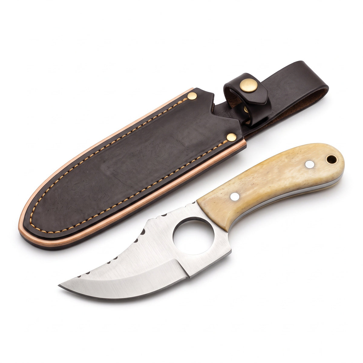 Trailhead 7" Carbon Steel Skinning Knife | Bone, three-quarter view with the Crownridge sheath