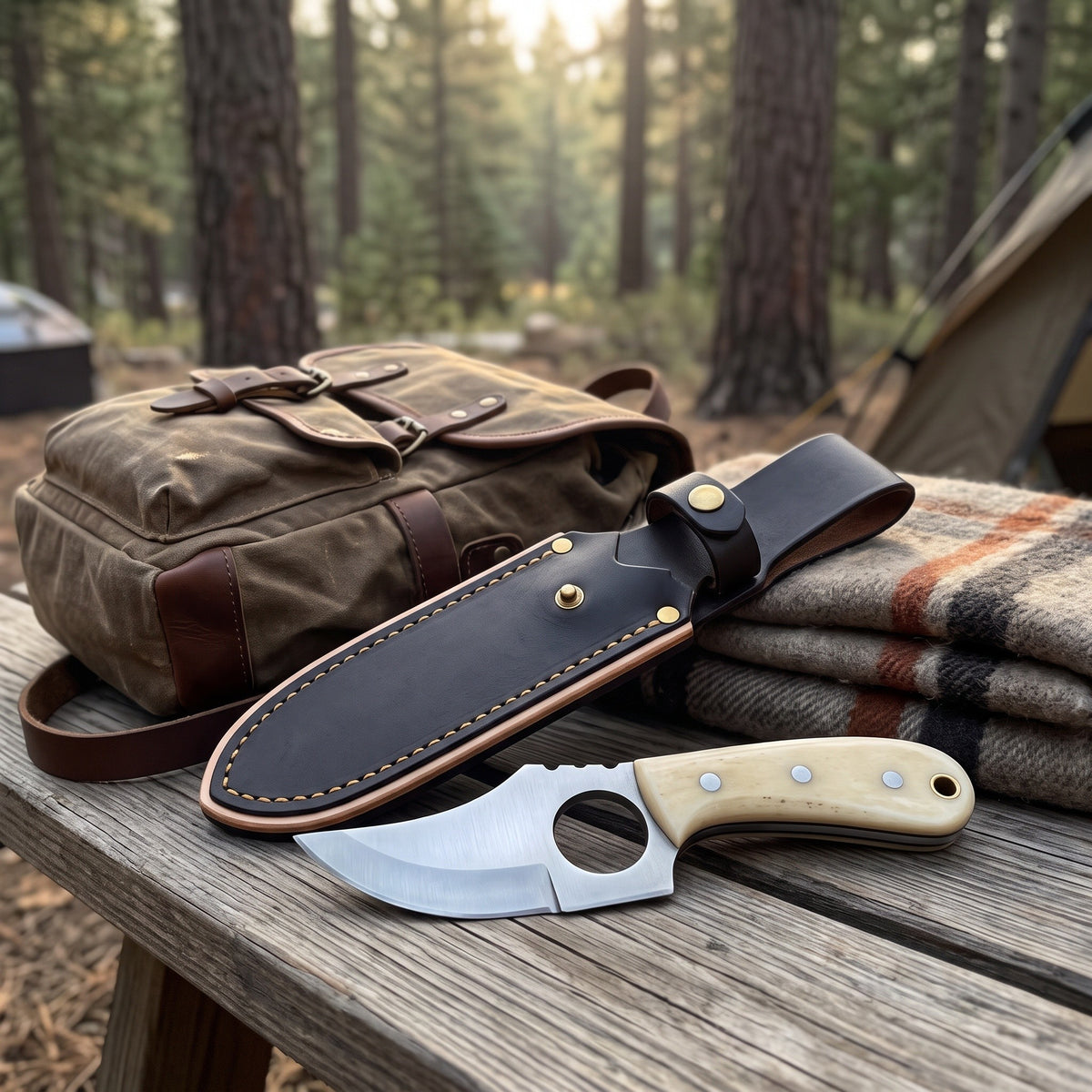 Trailhead 7" Carbon Steel Skinning Knife | Bone, with the Crownridge sheath in use