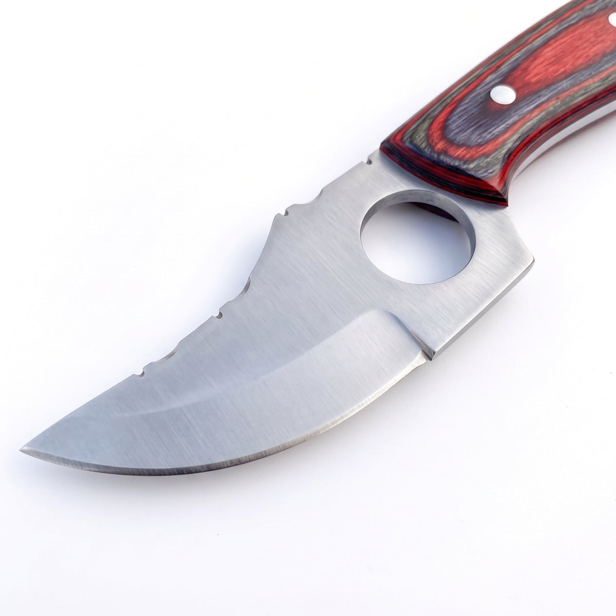 Trailhead 7" Carbon Steel Skinning Knife | Red Dyed Wood, carbon steel blade close-up