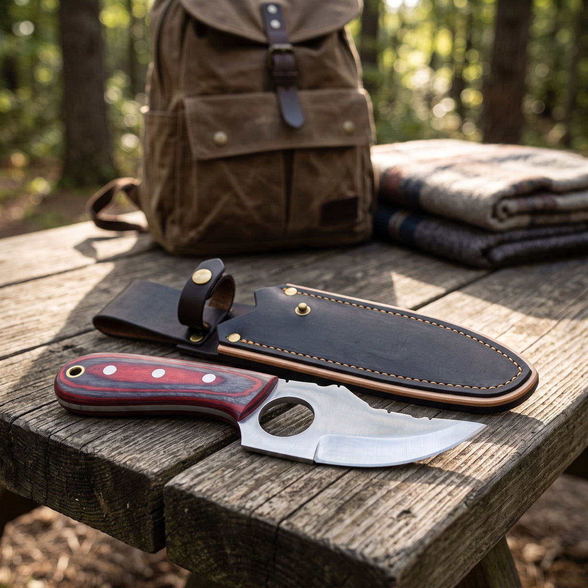Trailhead 7" Carbon Steel Skinning Knife | Red Dyed Wood, with the Crownridge sheath in use