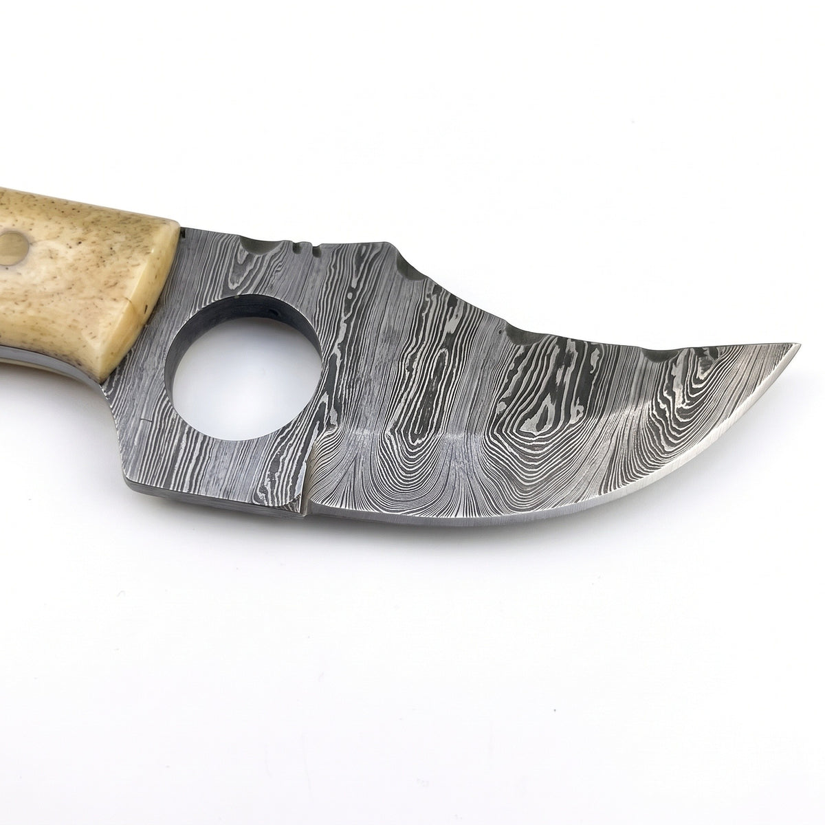 Trailhead 7" Damascus Skinning Knife | Bone, Damascus blade close-up