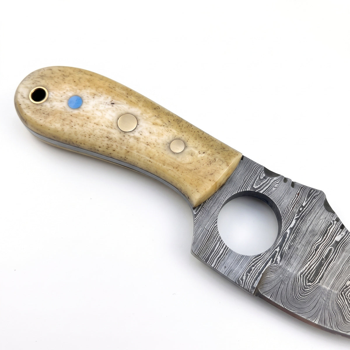 Trailhead 7" Damascus Skinning Knife | Bone, handle and fittings close-up