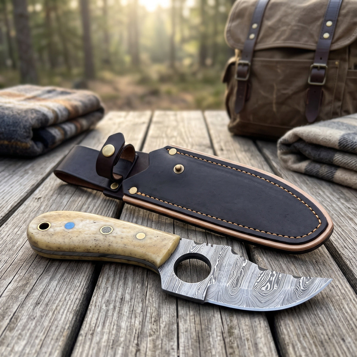 Trailhead 7" Damascus Skinning Knife | Bone, with the Crownridge sheath in use