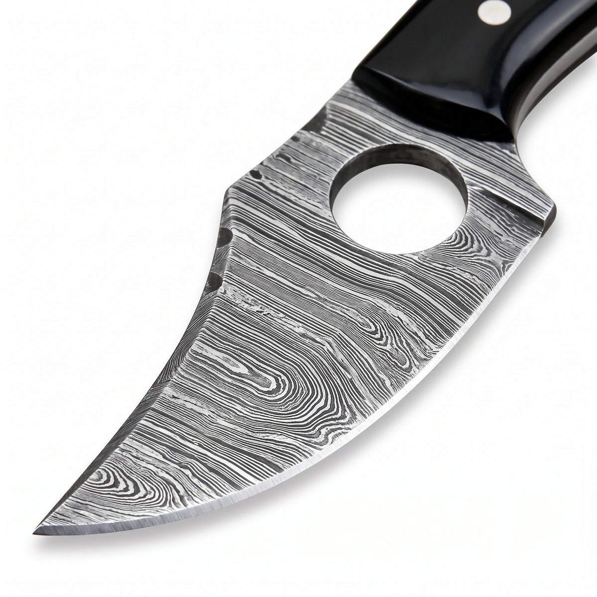 Trailhead 7" Damascus Skinning Knife | Buffalo Horn, Damascus blade close-up