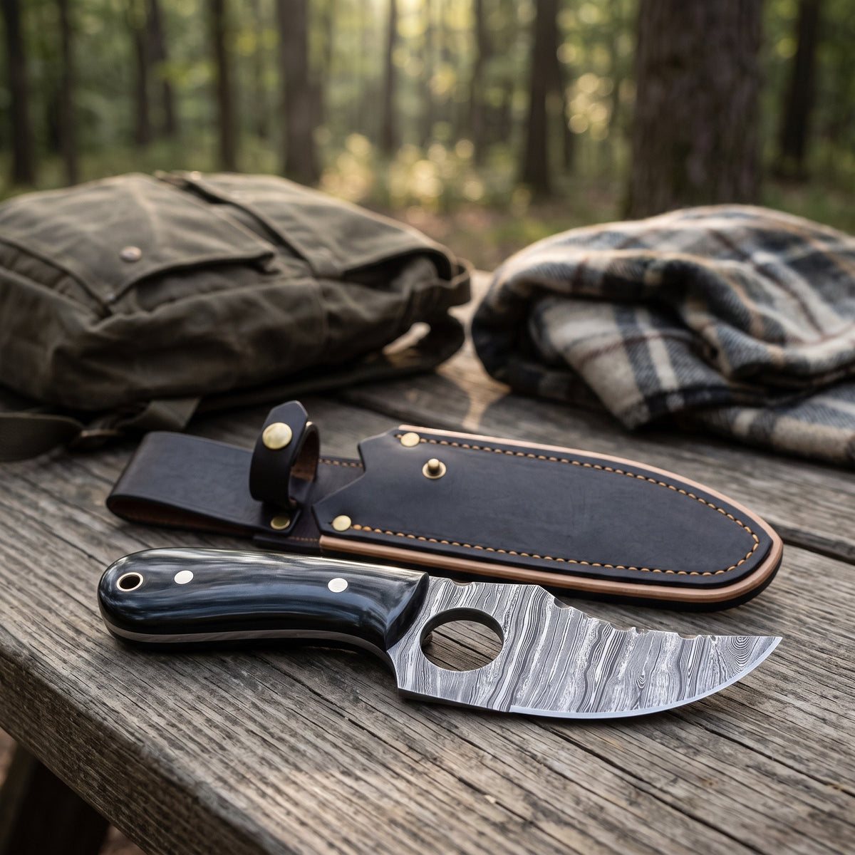 Trailhead 7" Damascus Skinning Knife | Buffalo Horn, with the Crownridge sheath in use
