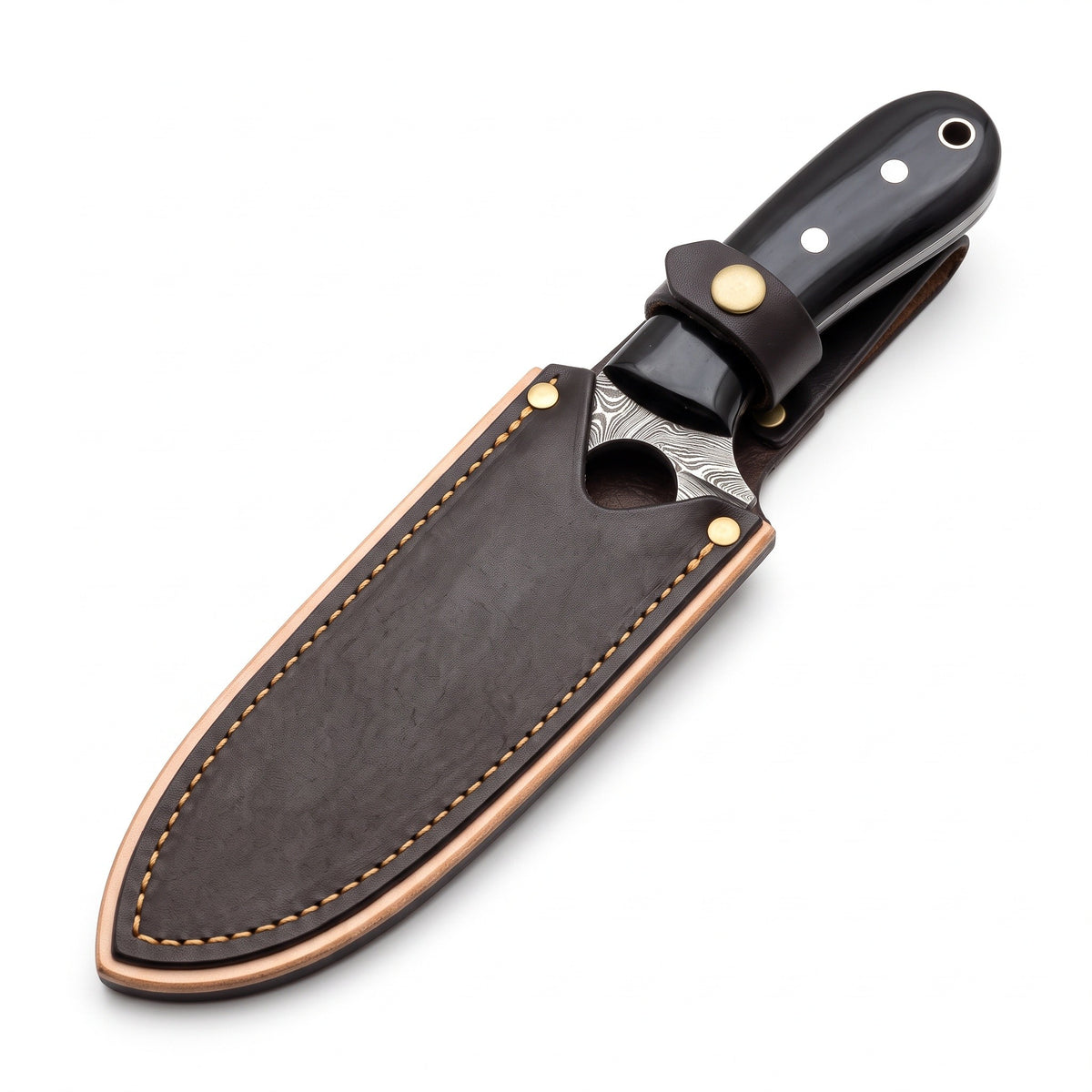 Trailhead 7" Damascus Skinning Knife | Buffalo Horn, seated in the Crownridge sheath