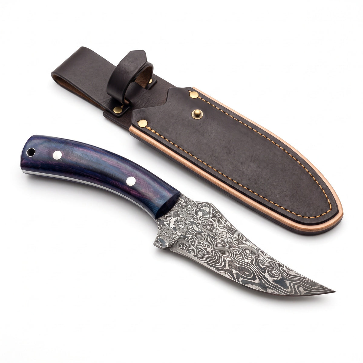 Trailhead 7" Damascus Skinning Knife | Micarta, three-quarter view with the Crownridge sheath