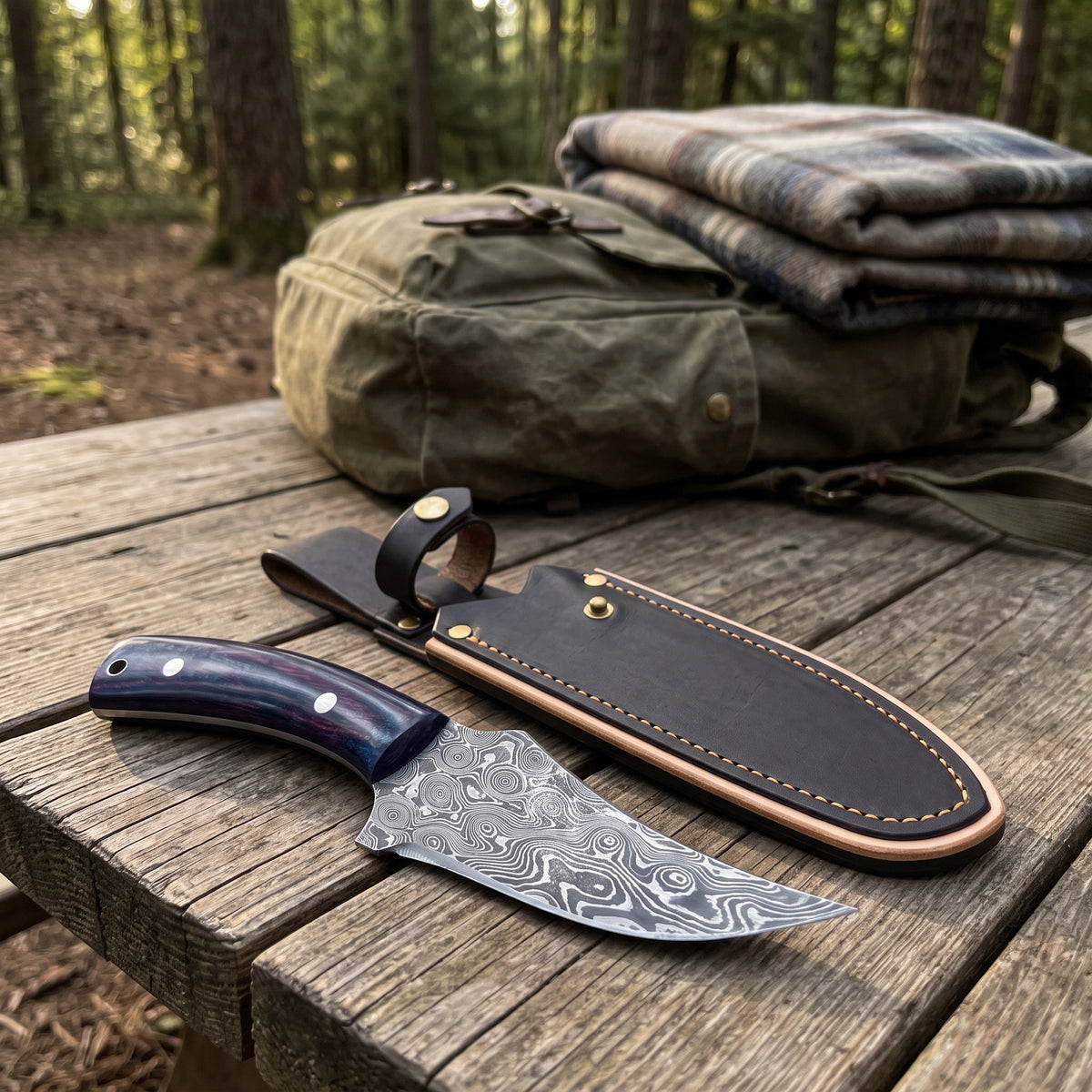 Trailhead 7" Damascus Skinning Knife | Micarta, with the Crownridge sheath in use