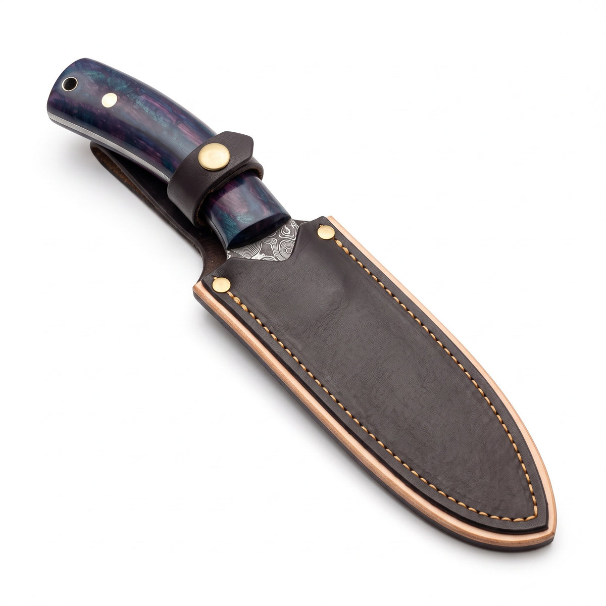 Trailhead 7" Damascus Skinning Knife | Micarta, seated in the Crownridge sheath
