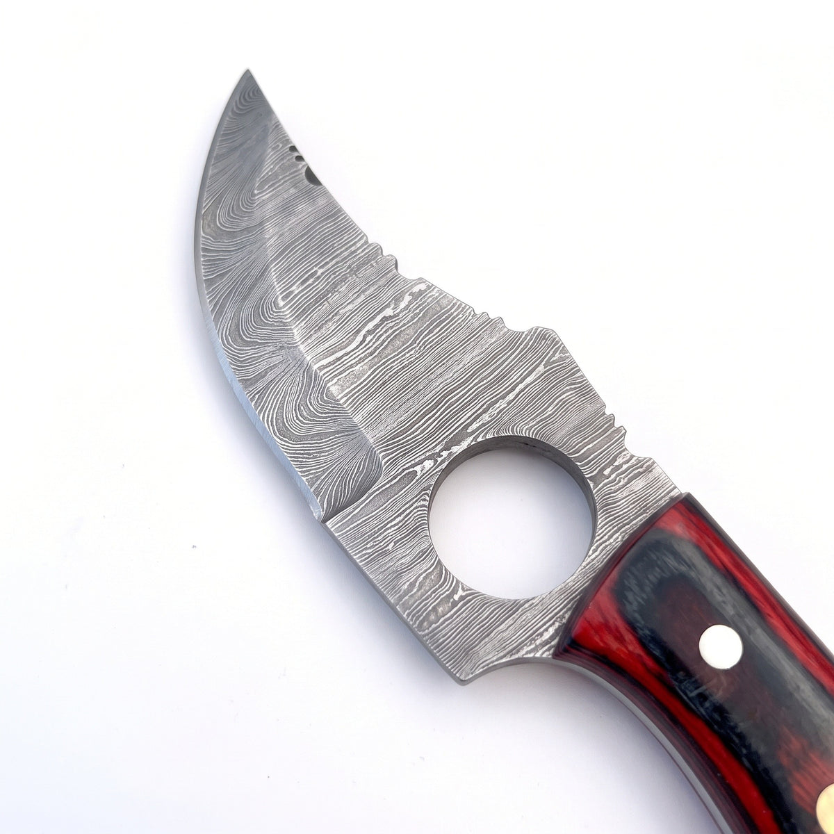 Trailhead 7" Damascus Skinning Knife | Red Dyed Wood, Damascus blade close-up