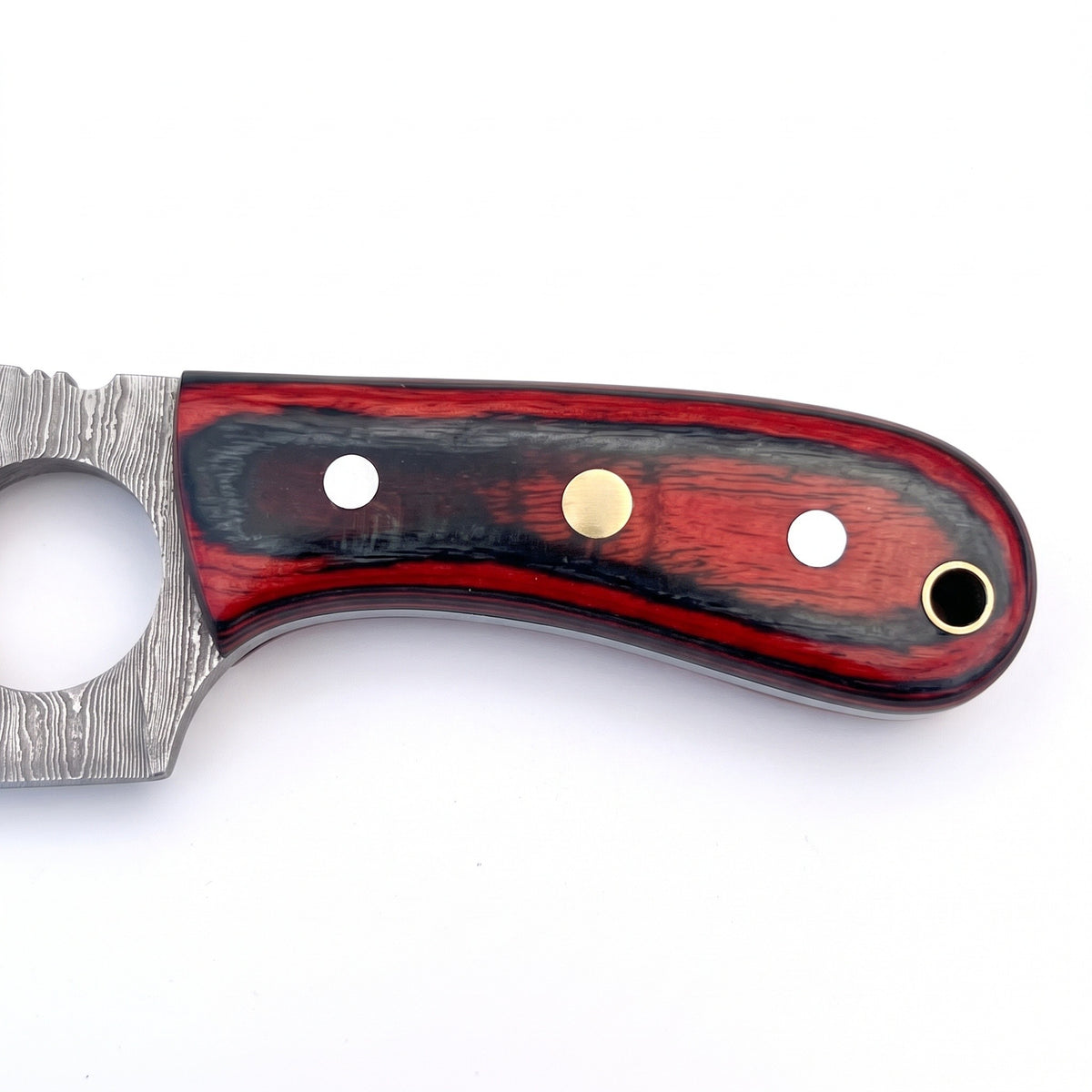 Trailhead 7" Damascus Skinning Knife | Red Dyed Wood, handle and fittings close-up