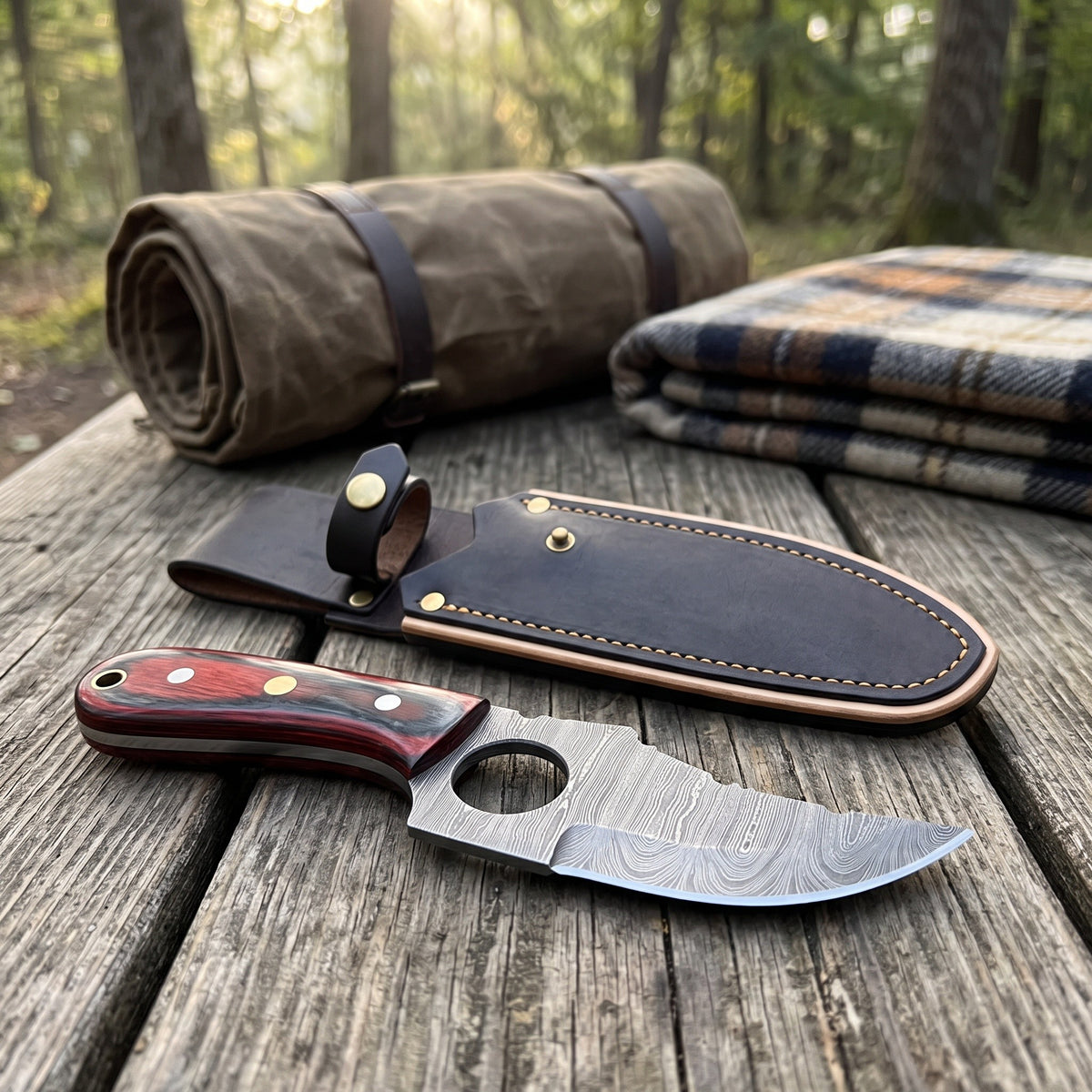 Trailhead 7" Damascus Skinning Knife | Red Dyed Wood, with the Crownridge sheath in use