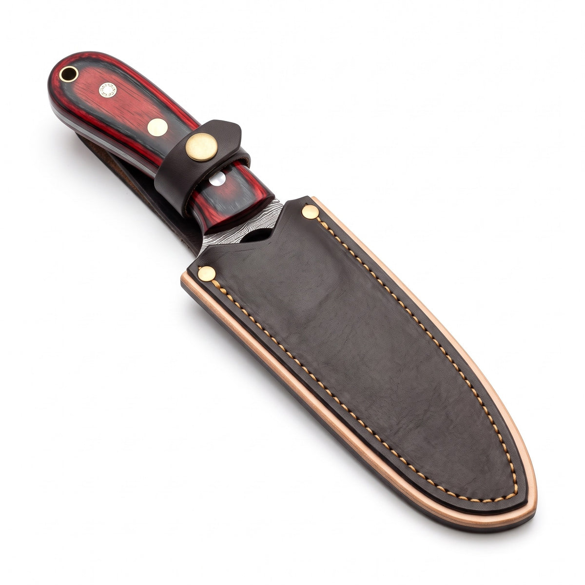 Trailhead 7" Damascus Skinning Knife | Red Dyed Wood, seated in the Crownridge sheath