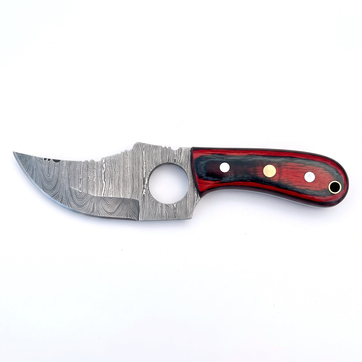 Trailhead 7" Damascus Skinning Knife | Red Dyed Wood, side profile on white