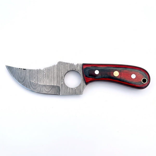 Trailhead 7" Damascus Skinning Knife | Red Dyed Wood, side profile on white