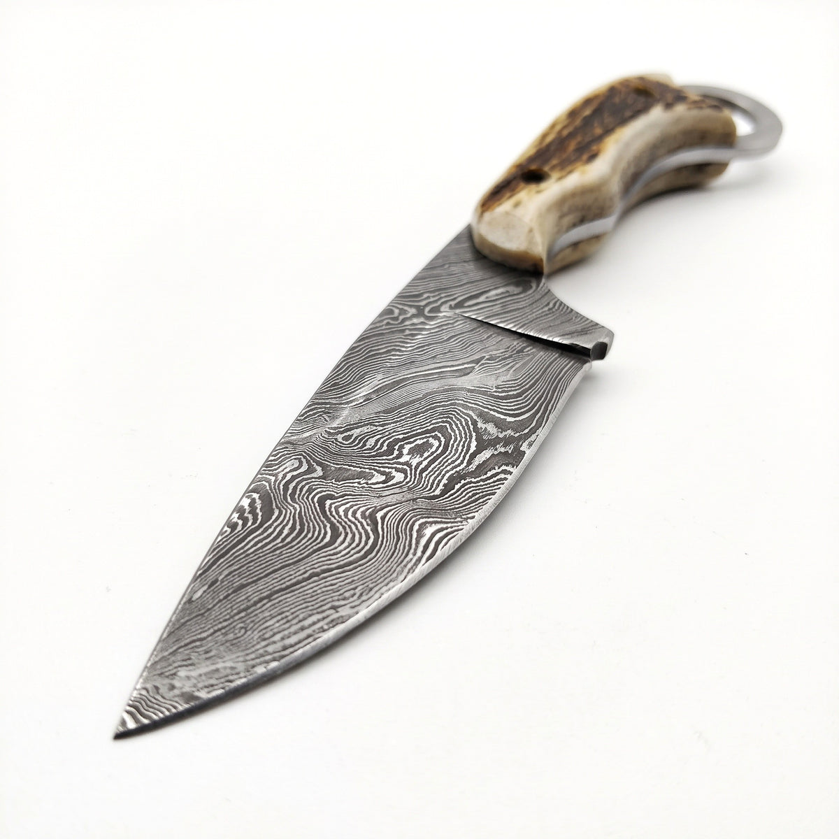 Trailhead 9" Damascus Skinning Knife | Stag, Damascus blade close-up