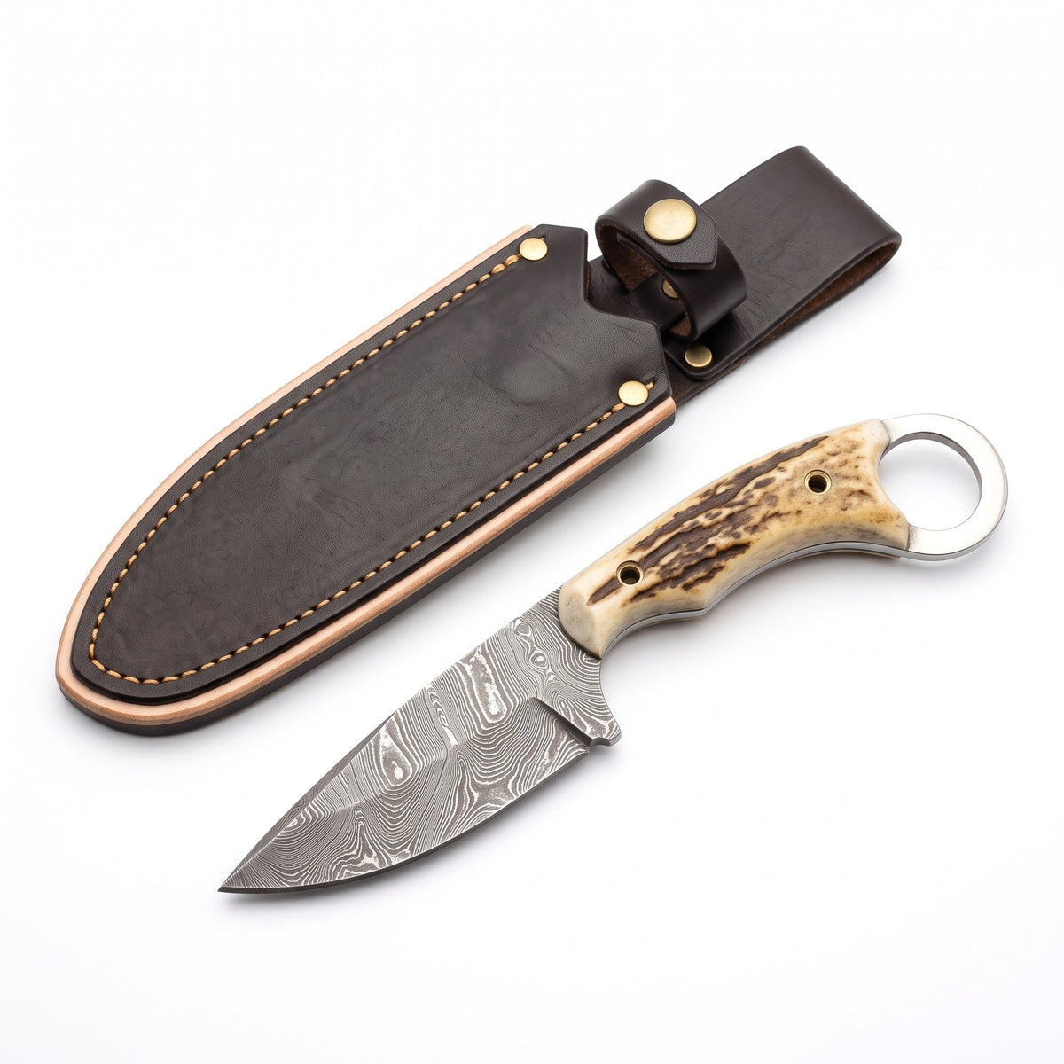 Trailhead 9" Damascus Skinning Knife | Stag, three-quarter view with the Crownridge sheath