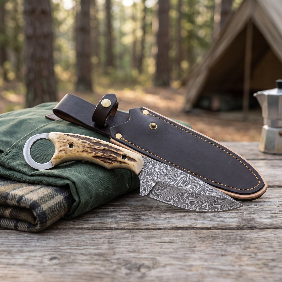 Trailhead 9" Damascus Skinning Knife | Stag, with the Crownridge sheath in use