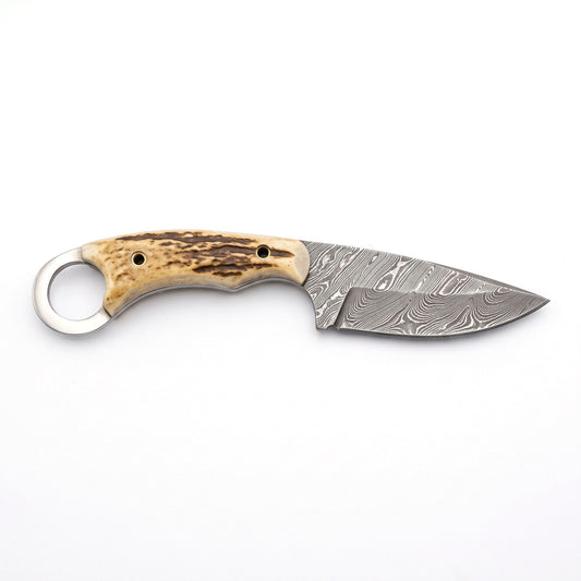 Trailhead 9" Damascus Skinning Knife | Stag, side profile on white