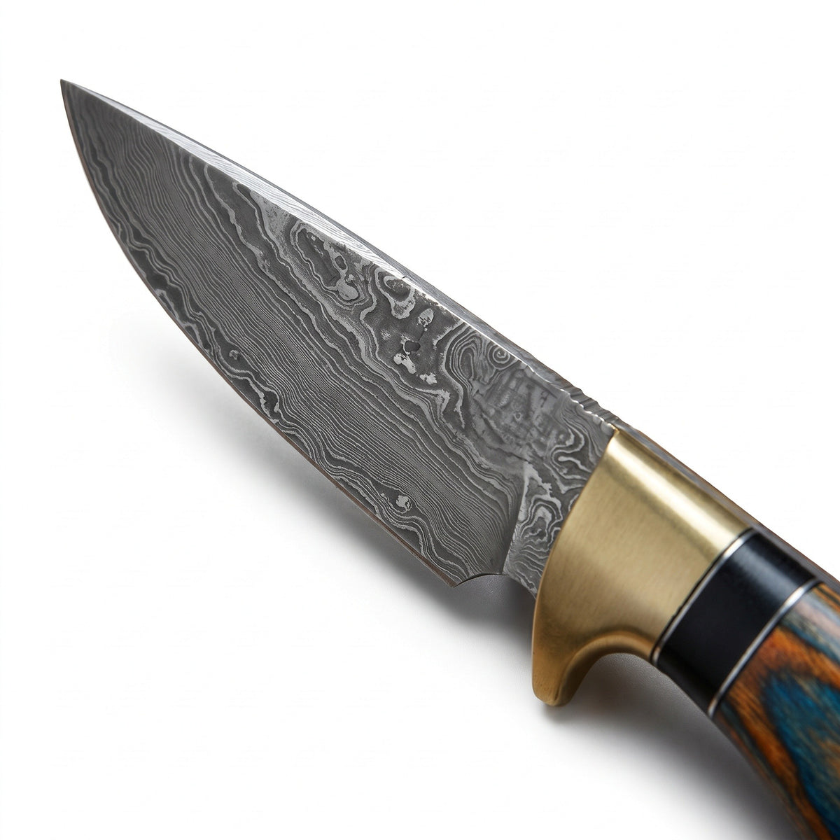 Trailhead 8" Damascus Skinning Knife | Dyed Pakkawood, Damascus blade close-up