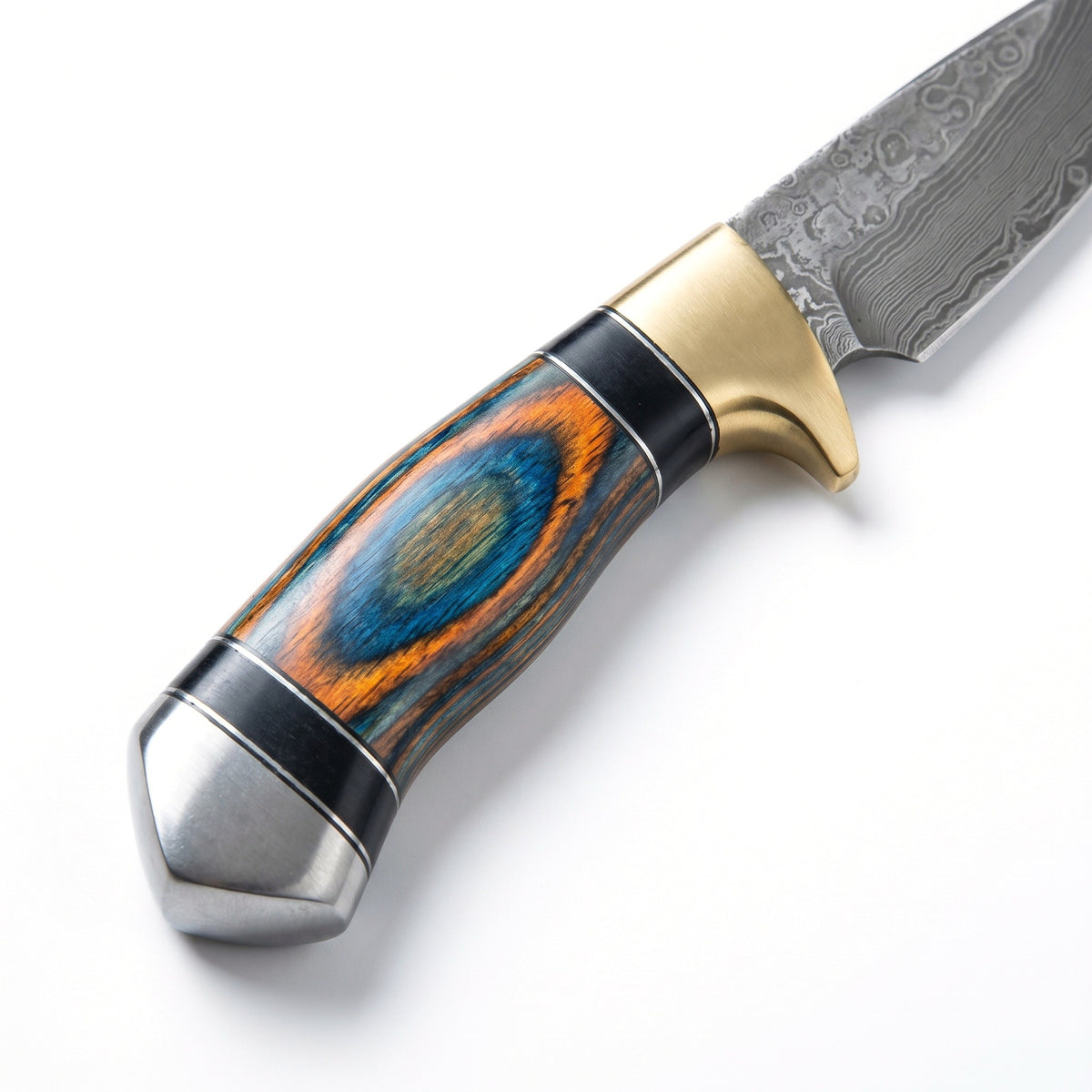 Trailhead 8" Damascus Skinning Knife | Dyed Pakkawood, handle and fittings close-up
