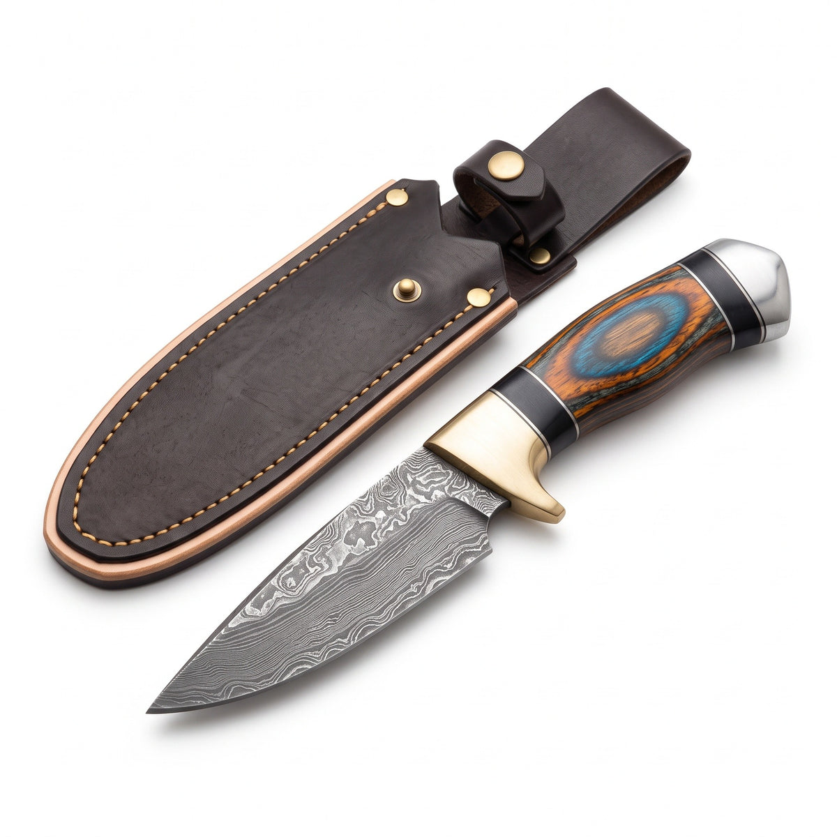 Trailhead 8" Damascus Skinning Knife | Dyed Pakkawood, three-quarter view with the Crownridge sheath