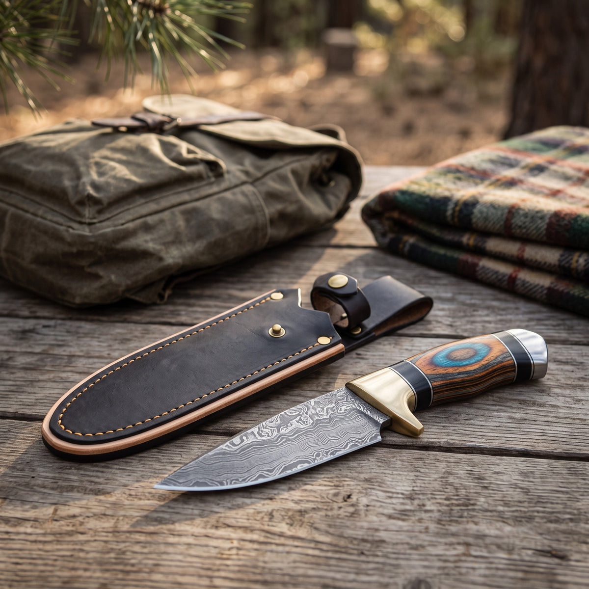 Trailhead 8" Damascus Skinning Knife | Dyed Pakkawood, with the Crownridge sheath in use