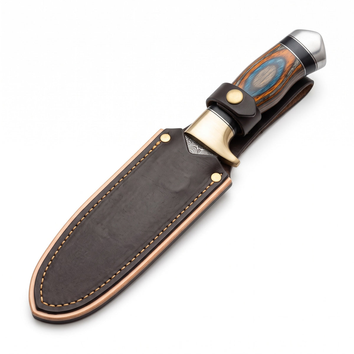 Trailhead 8" Damascus Skinning Knife | Dyed Pakkawood, seated in the Crownridge sheath
