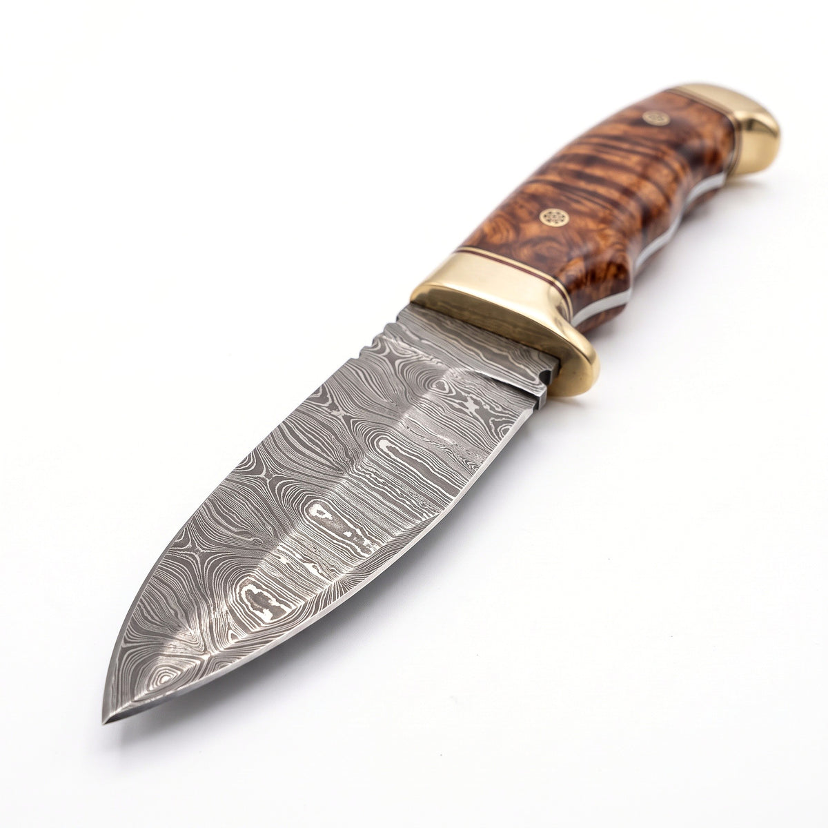 Trailhead 8" Damascus Skinning Knife | Rosewood, Damascus blade close-up