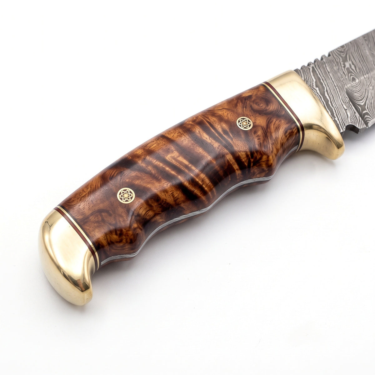 Trailhead 8" Damascus Skinning Knife | Rosewood, handle and fittings close-up
