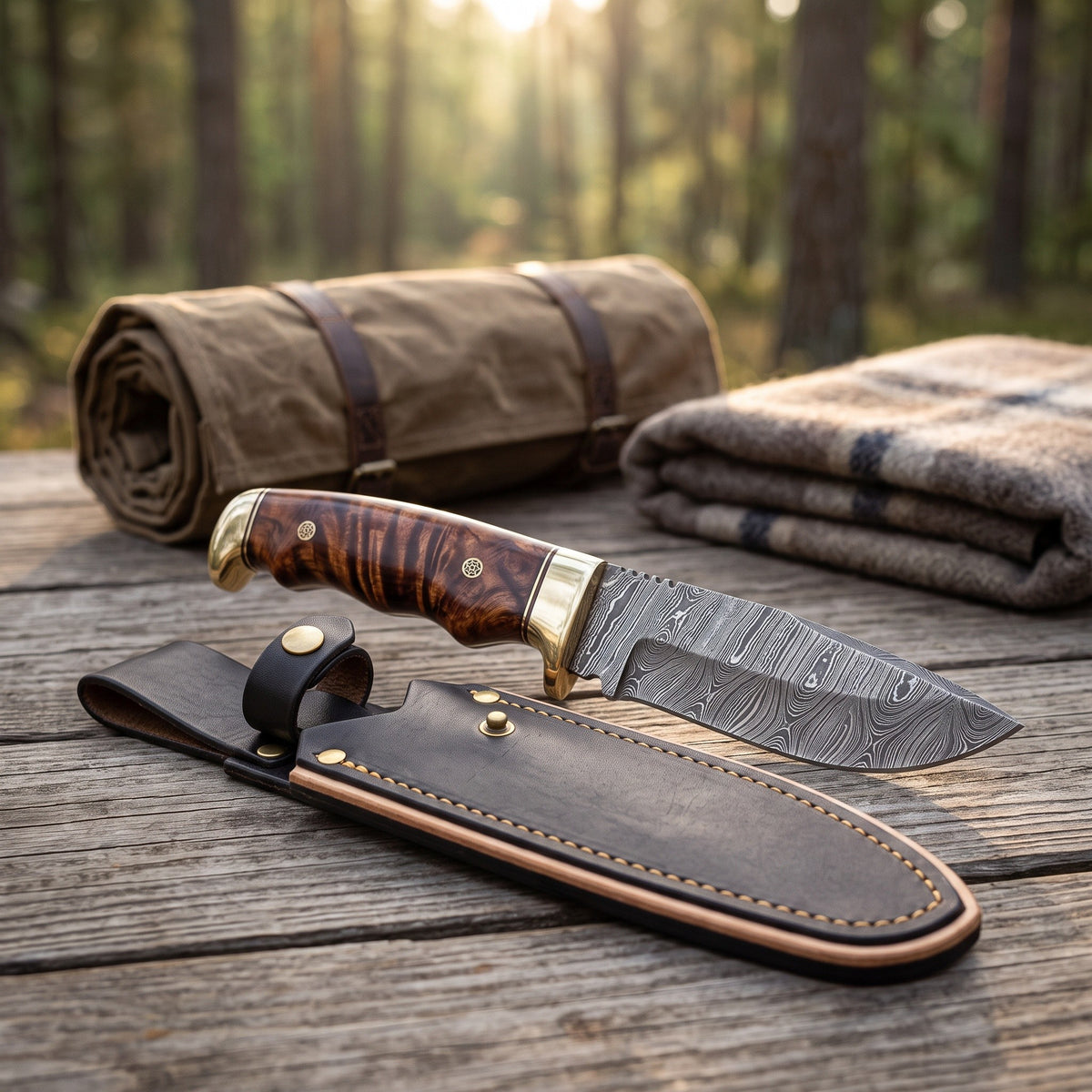 Trailhead 8" Damascus Skinning Knife | Rosewood, with the Crownridge sheath in use