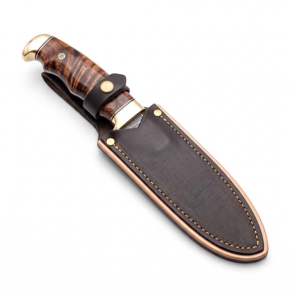 Trailhead 8" Damascus Skinning Knife | Rosewood, seated in the Crownridge sheath